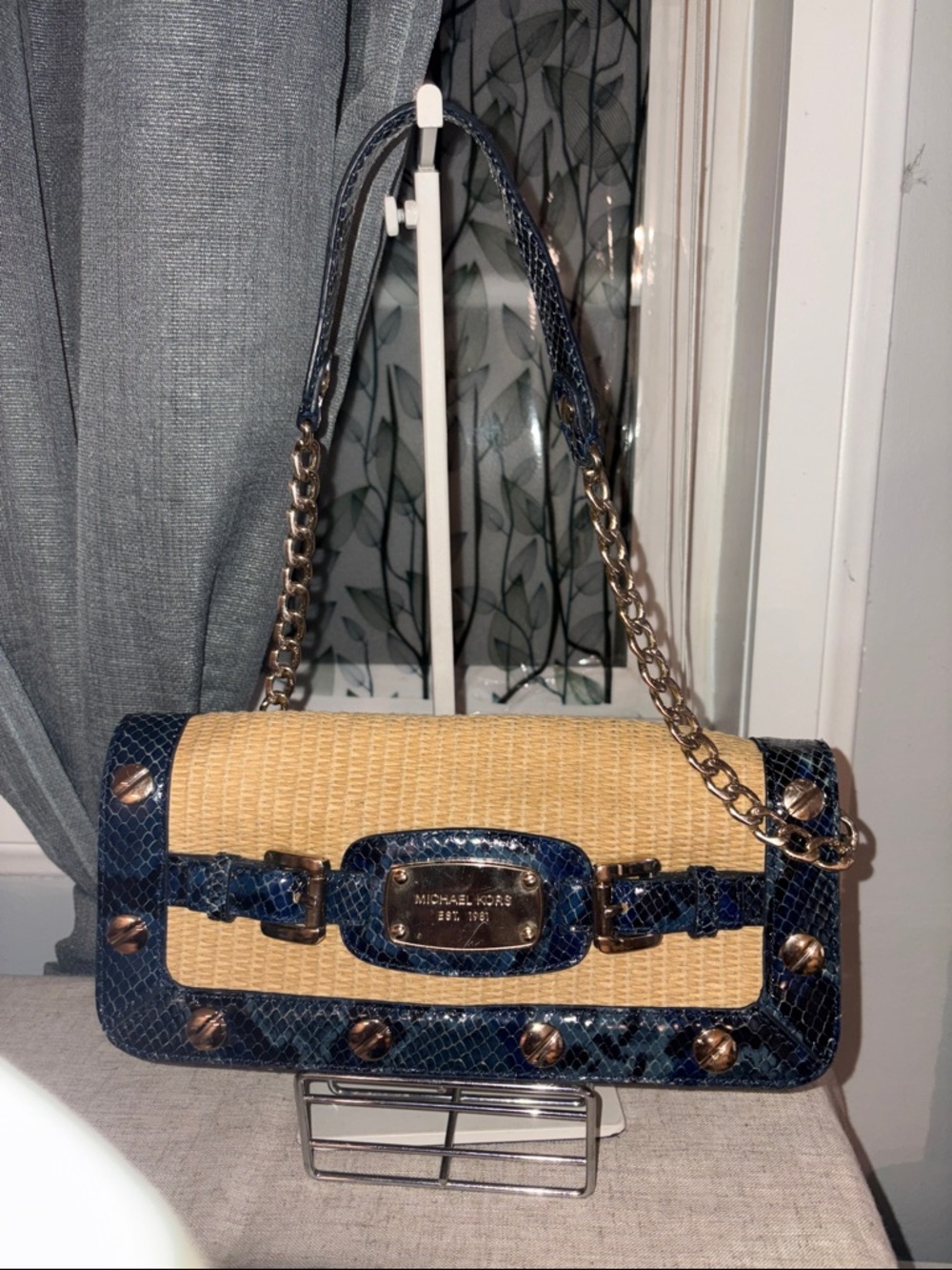 Michael Kors Navy & Natural Straw Chain Shoulder Bag